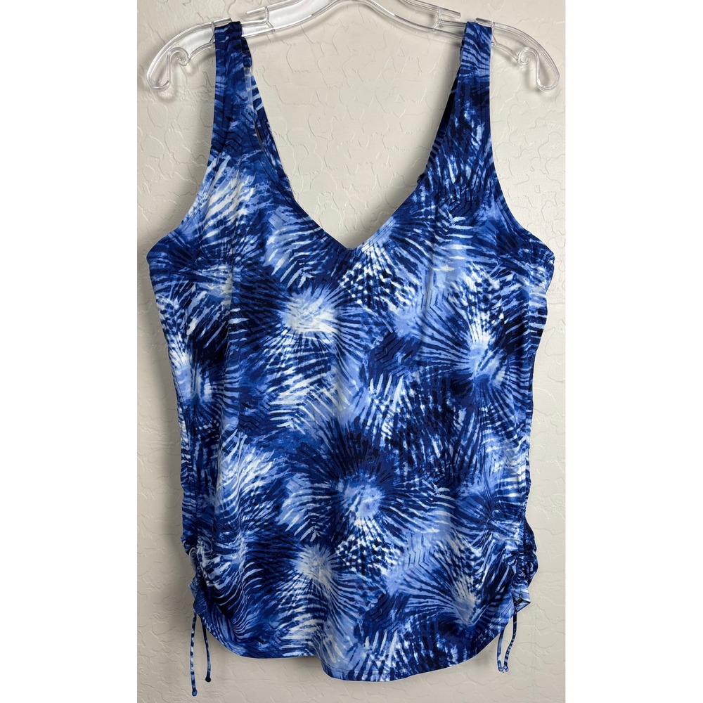 Lands End Womens Blue White Palm Tropical Underwire Tankini Swim Top Sz 16 2148